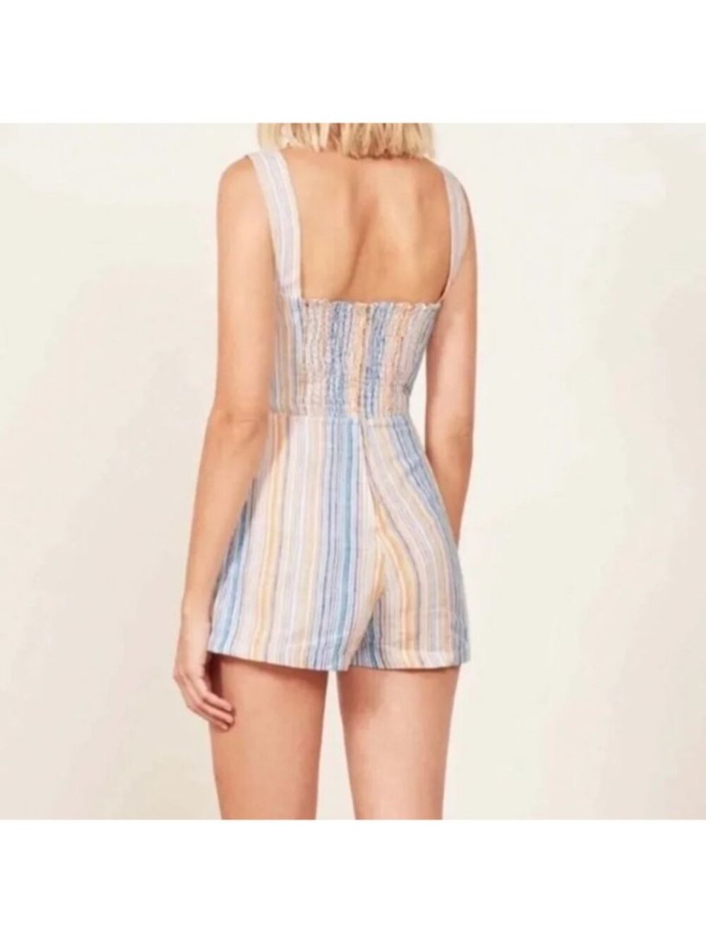 Reformation Island Striped Linen Romper Square Neck Smock Back Marbella Striped - Picture 2 of 12